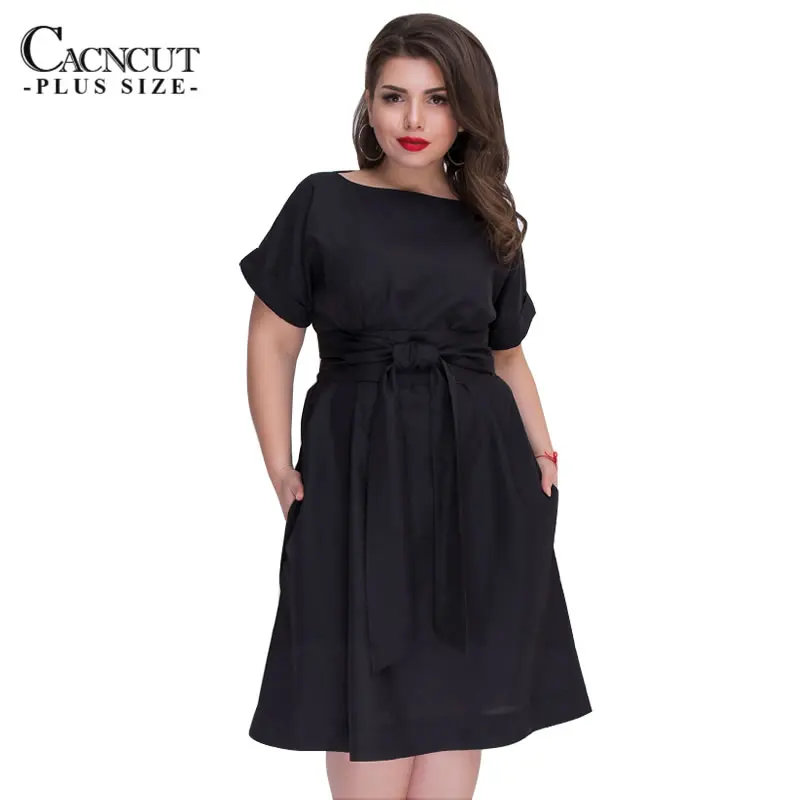

CACNCUT Vintage Solid Big Size Women's Dresses Summer O-neck Large Size Elegant Party Dress 2018 Fashion Black Vestidos 5XL 6XL