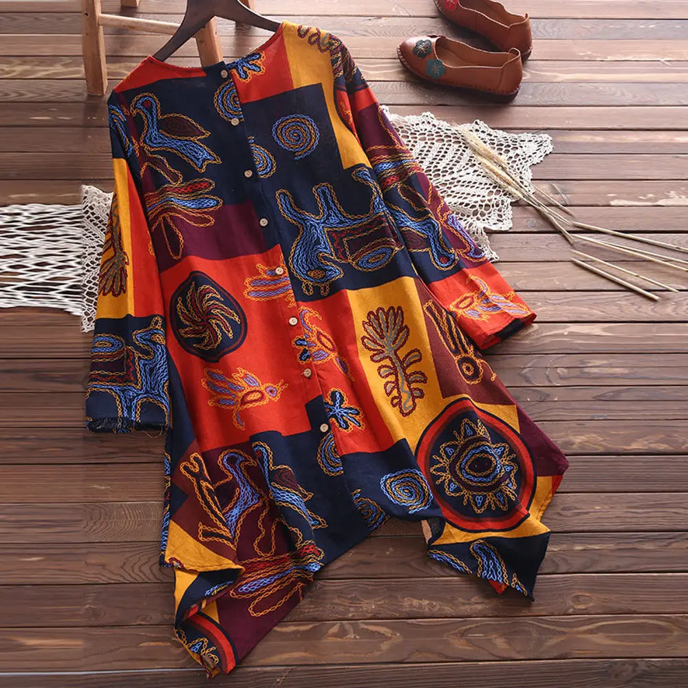 

Helisopus Vintage Printed Long Sleeve Long Women Shirt Plus Size O-neck Casual Spring Women Tops and Blouses Blusas Mujer