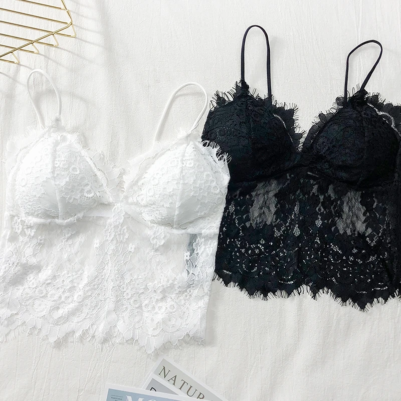 

MUMUZI 2019 new lace sexy black bra female sexy crochet white spaghetti tops women sleeveless short design tank tops for women
