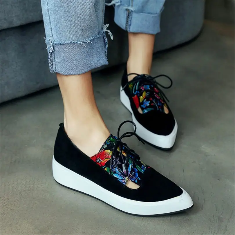 

NAYIDUYUN Women Shoes Lace Up Cow Leather Wedges Platform Embroider Punk Party Pumps Low Top Pointed Toe Oxfords Shoes