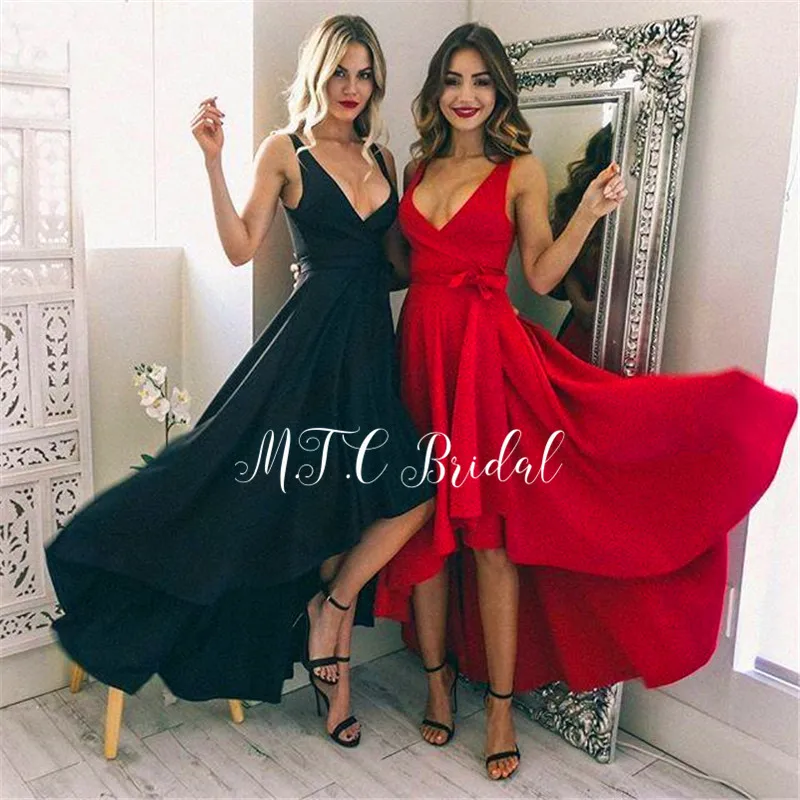 

Hot Selling Red High Low Evening Dress 2019 V Neck Floor Length Satin Formal Dresses Cheap Wedding Party Gowns Robe De Soiree