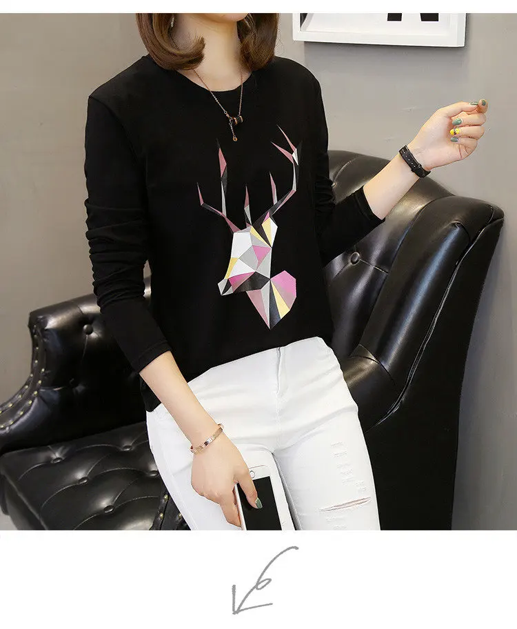 2019 Autumn Cotton T-Shirts Deer Printed Tshirts Women Leisure Long Sleeve White T-shirt Female Tops Tees Large Size M-5XL  (17)