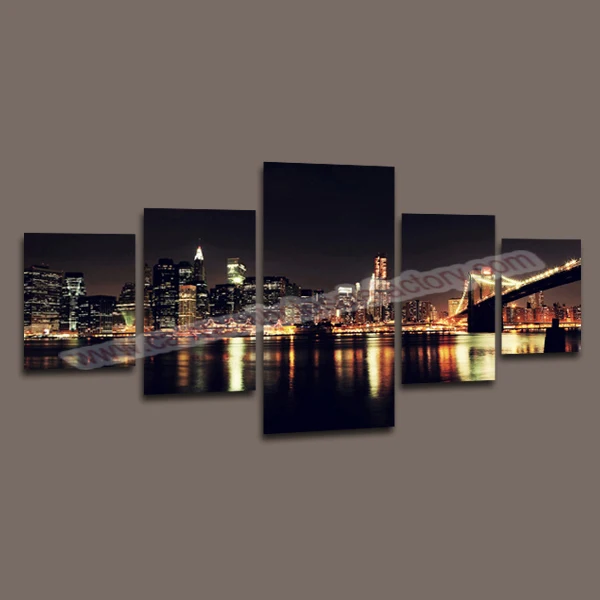Cheap Unframed Home Decor Canvas 5 Panel Canvas Art City Building Wall
