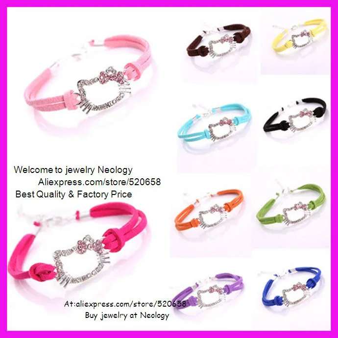 

30pcs/lot Crystal rhinestone Hello Kitty Charm Girls Ladies Leather Friendship Bracelet with 10 colors