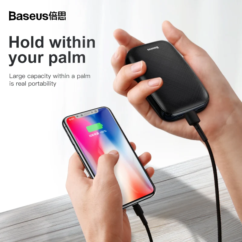 Baseus, 10000 мА/ч, портативное зарядное устройство для iPhone, samsung, huawei, Xiaomi, Внешнее зарядное устройство для телефона, Usb зарядное устройство, зарядное устройство с usb-кабелем