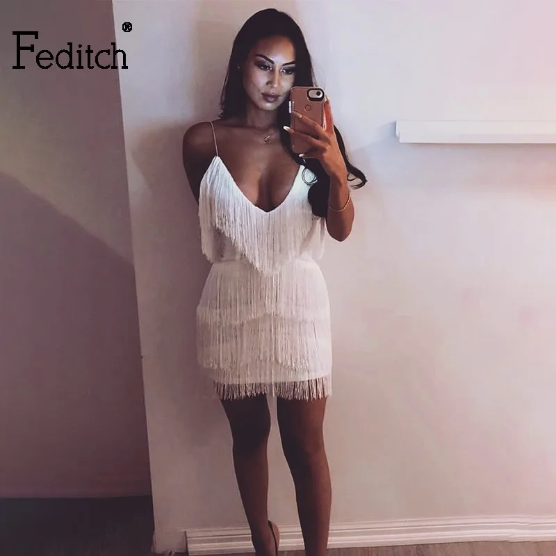 Feditch/сексуальное женское платье с v-образным вырезом и кисточками на бретельках, без рукавов, летние белые и черные вечерние платья, элегантные Клубные платья
