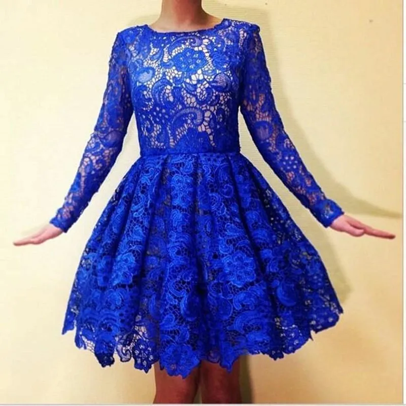 

Royal Blue Lace Prom Gown Scoop Neck Long Sleeve A line Short Wedding Party Dress