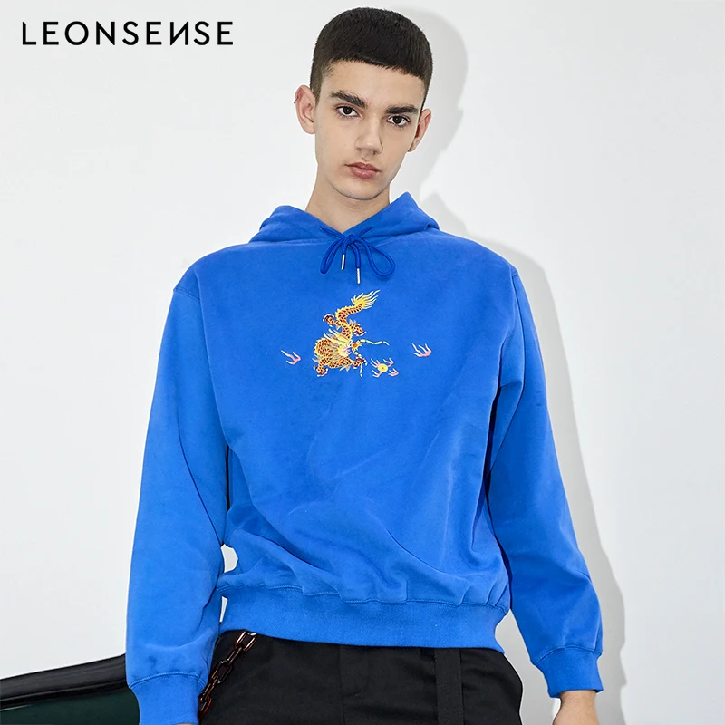 LEONSENSE New Fashion blue men's Long-Sleeves Hoodies Gothic Dragon head embroider Warm Hoodies men Round Collar Cotton Pullover