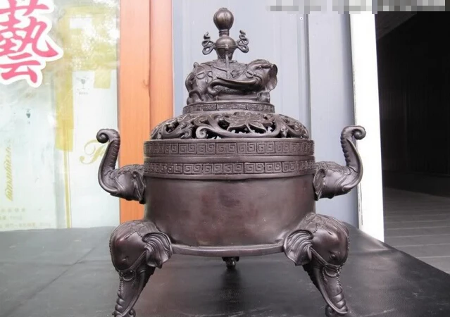 

Elegant old S0422 13"Chinese classical 100% Pure Bronze Copper Elephant"Zun"Censer incense burner statue