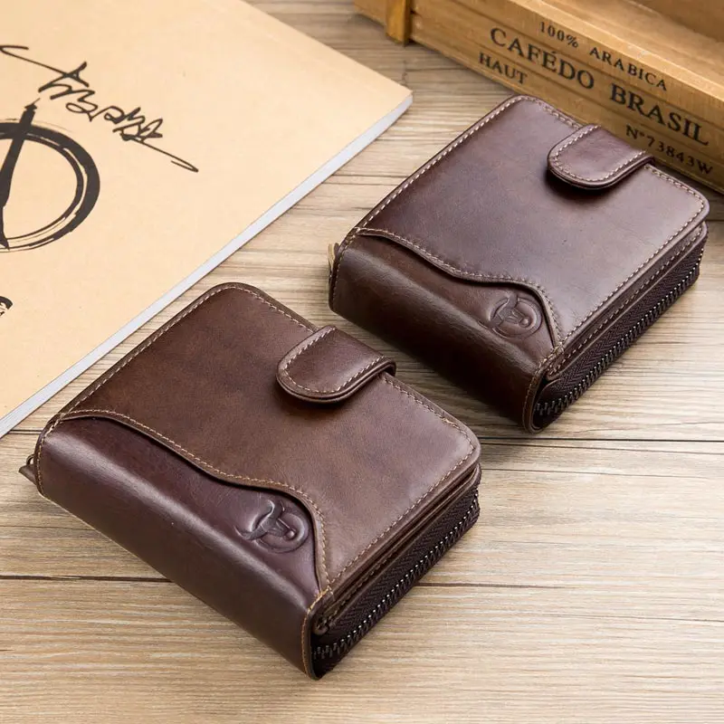 Bullcaptain Cowhide Short Wallet Zipper Coin Bag