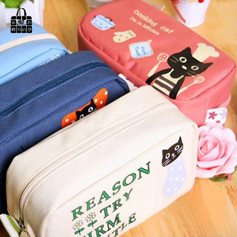

1pcs Women Portable cartoon black cat Multifunction Beauty canvas Zipper Travel Cosmetic Bag Makeup Case Pouch Pen Purse bags