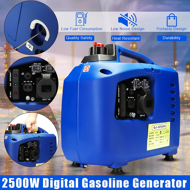 

2500W Max 1700 Watt AC 220V DC 12V 5A Portable Inverter Gasoline Generator Gas Power Low Noise Pure Sine Wave 1.7KW Home Outdoor
