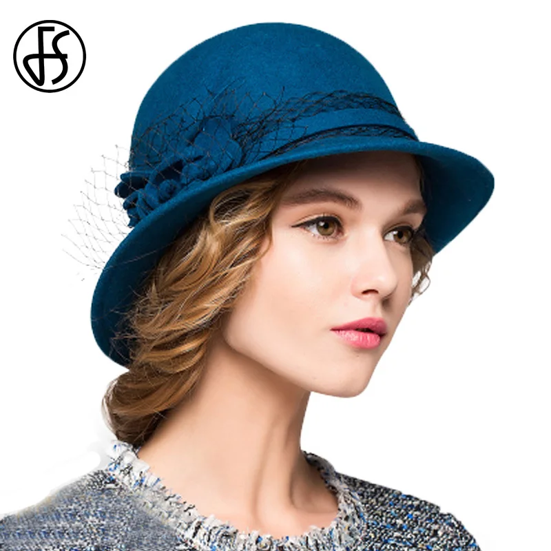 

FS 100% Wool Cloche Hats Women For Winter Black Blue Red Wide Brim Fedora Elegant Floral Felt Hat For Ladies Church Cap