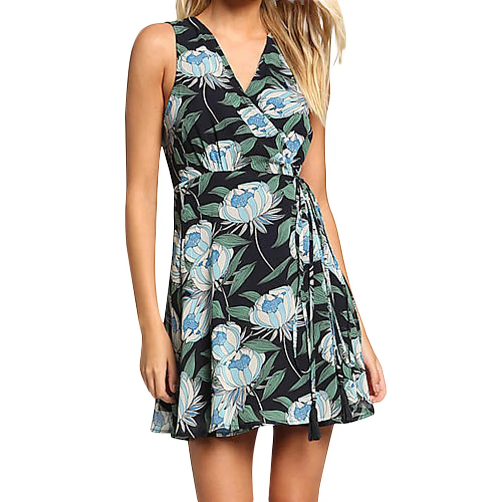 navy floral cut in neck wrap dress