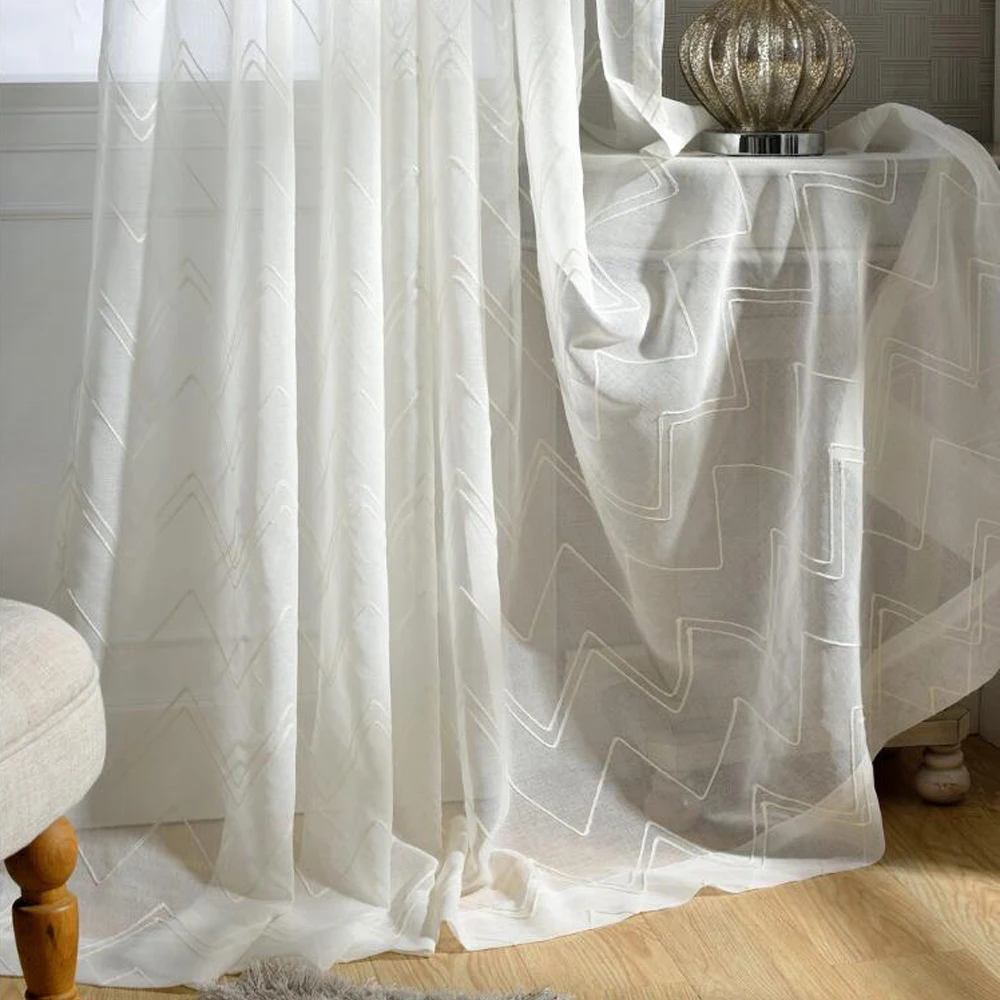 

GIGIZAZA Chevron Stripe Embroidery door voile curtain luxury for living room window curtain sheer tulle brown color custom size