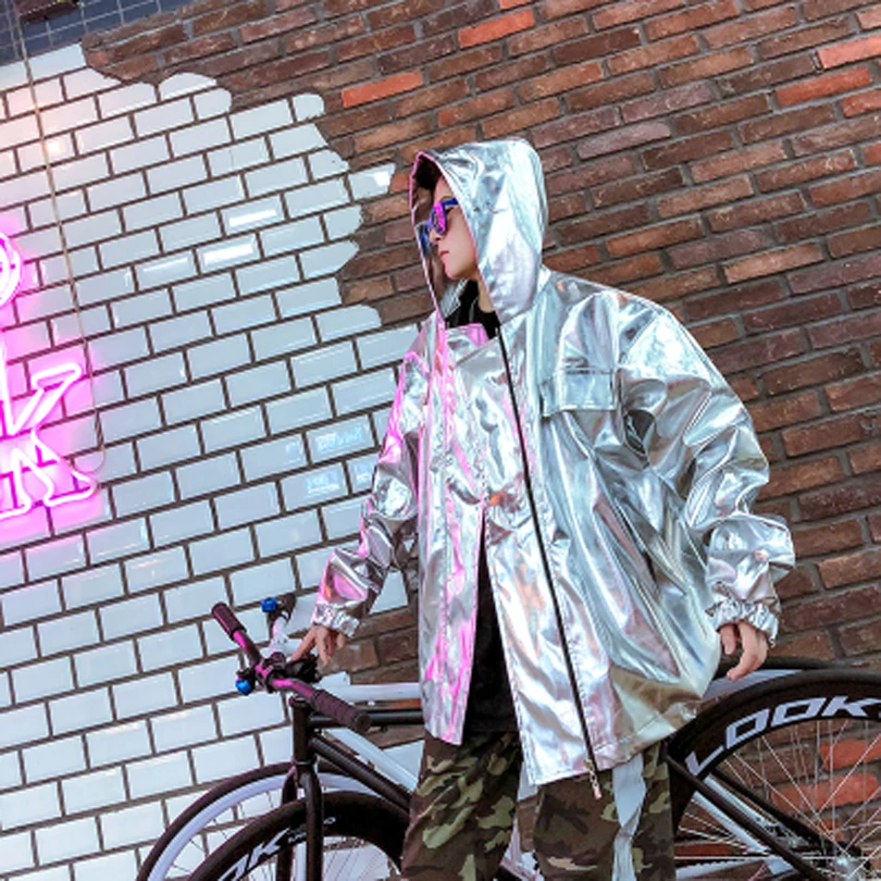 Fashion Bright PU Leather Mens Windbreaker Jackets Hooded Hip Hop Streetwear Bomber Jacket Male Nightclub Coat
