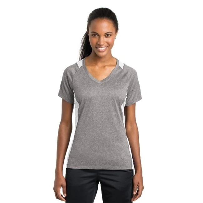 Sport-Tek LST361 Ladies Heather Colorblock Contender V-Neck Tees Vintage Heather & White - 3XL