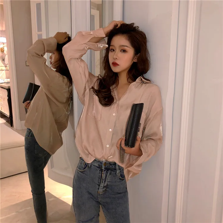 3 ألوان 2019 أزياء عارضة فضفاض بريق بلوزة قميص طويل الأكمام مكتب سيدة قميص أنيقة إمرأة قمم (t8538)