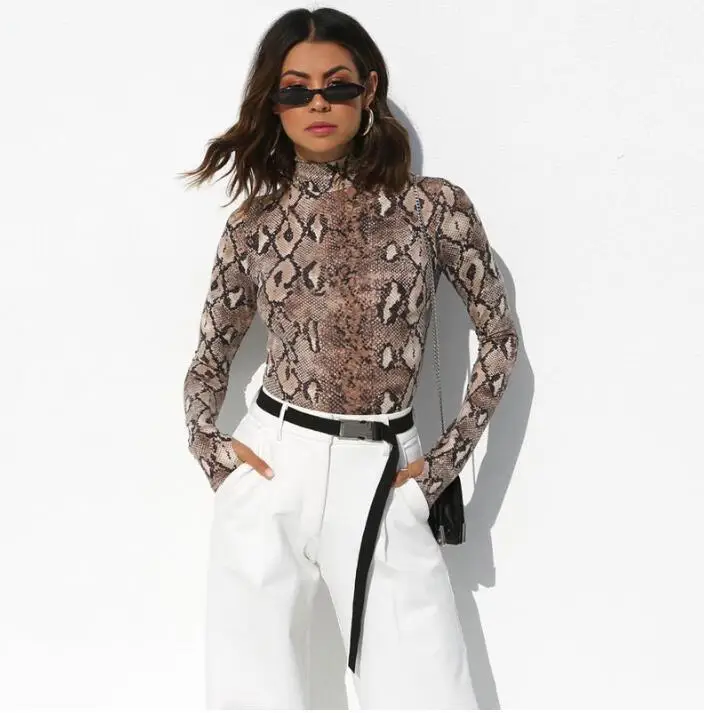 Snake Print Long Sleeve Sexy Women Bodysuit Autumn Winter Colthes Mock Turtleneck Thumbholes Snakeskin Body Suit