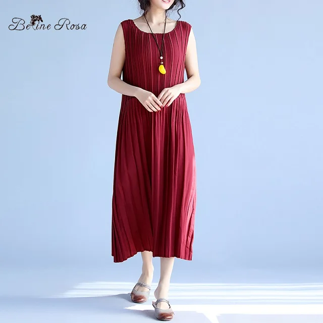 Женские летние платья BelineRosa, чистый цвет вскользь женщины драпированные платье без рукавов,большие размеры, QY00001 - Цвет: wine red