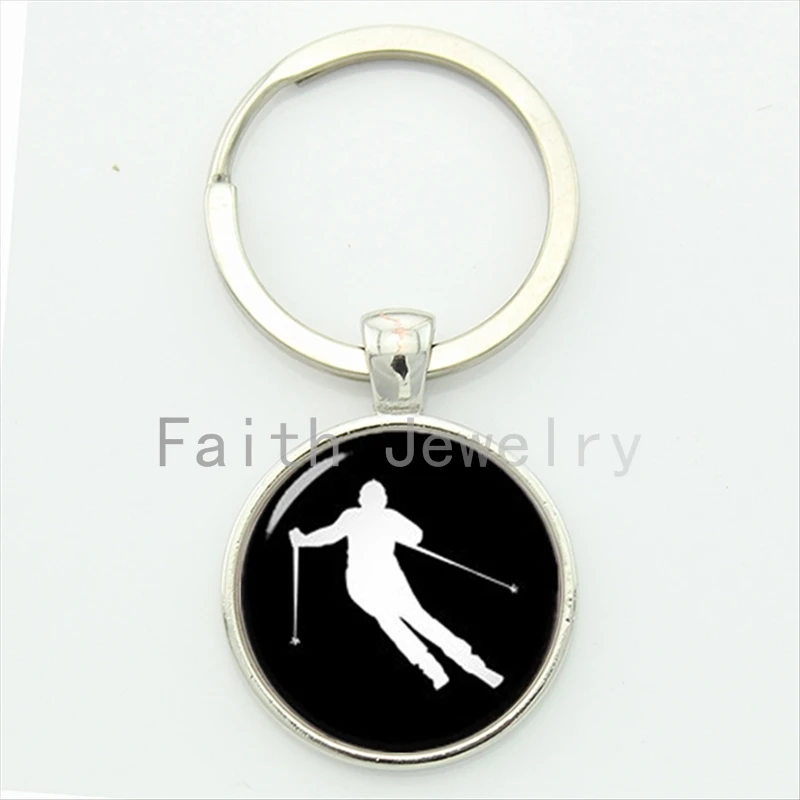 

Vintage casual sports elegant ski silhouette key chain go skiing keychain silver plated men gifts snow sports jewelry idea KC597