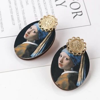 

AENSOA Vintage Artistic Girl Oil Painting Oval Wooden Drop Earrings For Women Ethnic Retro Dangle Statement Earring Jewelry