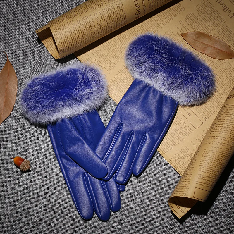 Новые Теплые Элегантные Перчатки из искусственной кожи с кроличьим мехом, зимние перчатки с сенсорным экраном, Брендовые женские перчатки mujer gants guantes