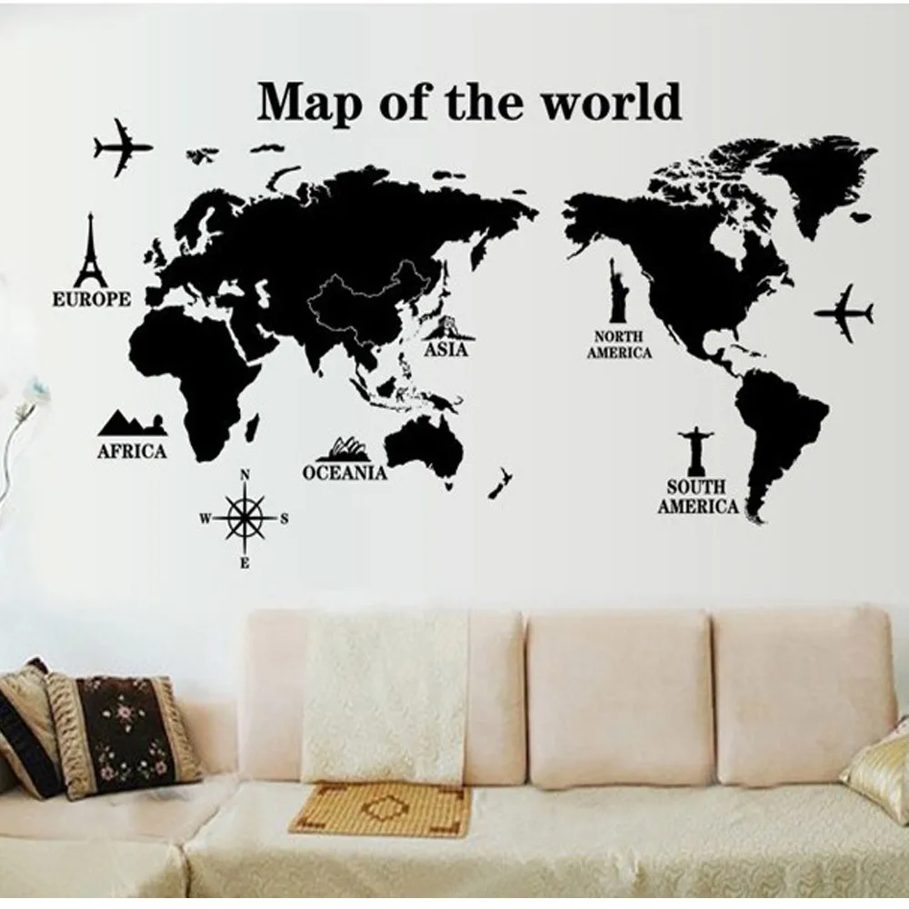 

World Map Wall Stickers Europe Style Buildings Wall Art for Living Room Company School Office Decoration stickers muraux 18Sep