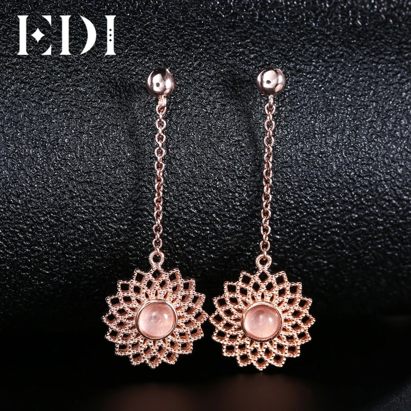 

EDI Fashion Flower Natural Rose Quartz Crystal 925 Sterling Silver Drop Earrings For Women Fine Jewelry