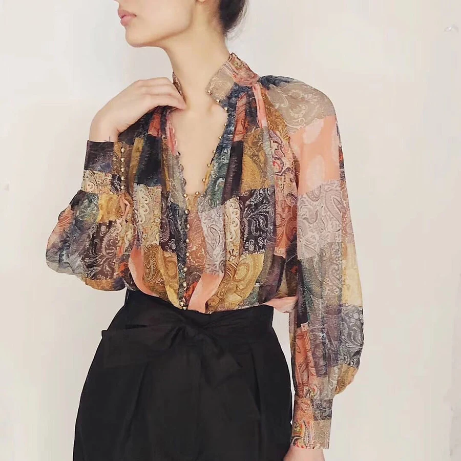 

2019 Summer Vintage Style Women Blouses Print Mesh Loose Stand Collar Single Breasted Lantern Sleeve Cool Elegant Shirt