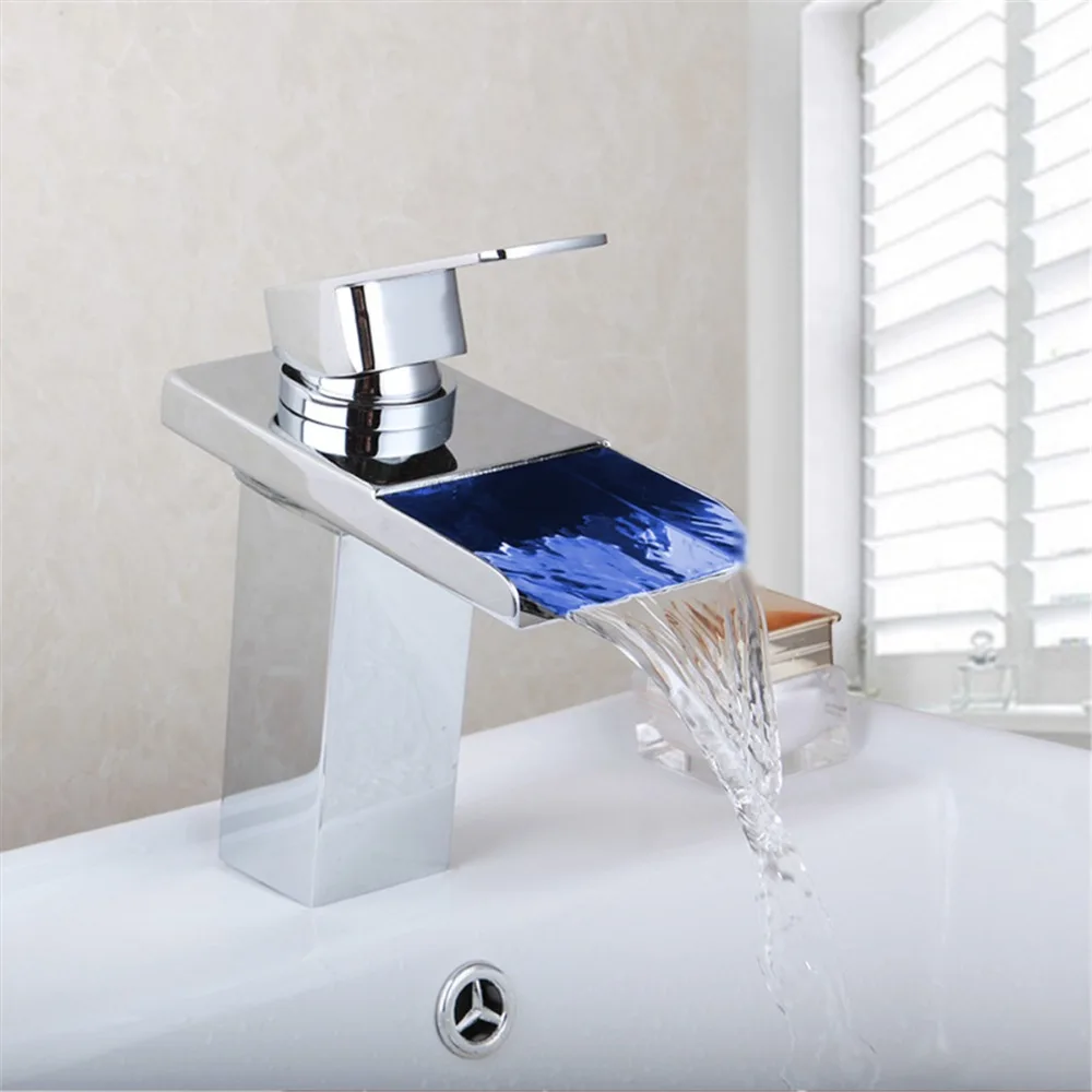 

Wholesale And Retail Polished Chrome Bathroom LED Waterfall Spout Bathroom Basin Faucet Modern Square Sink Mixer Tap