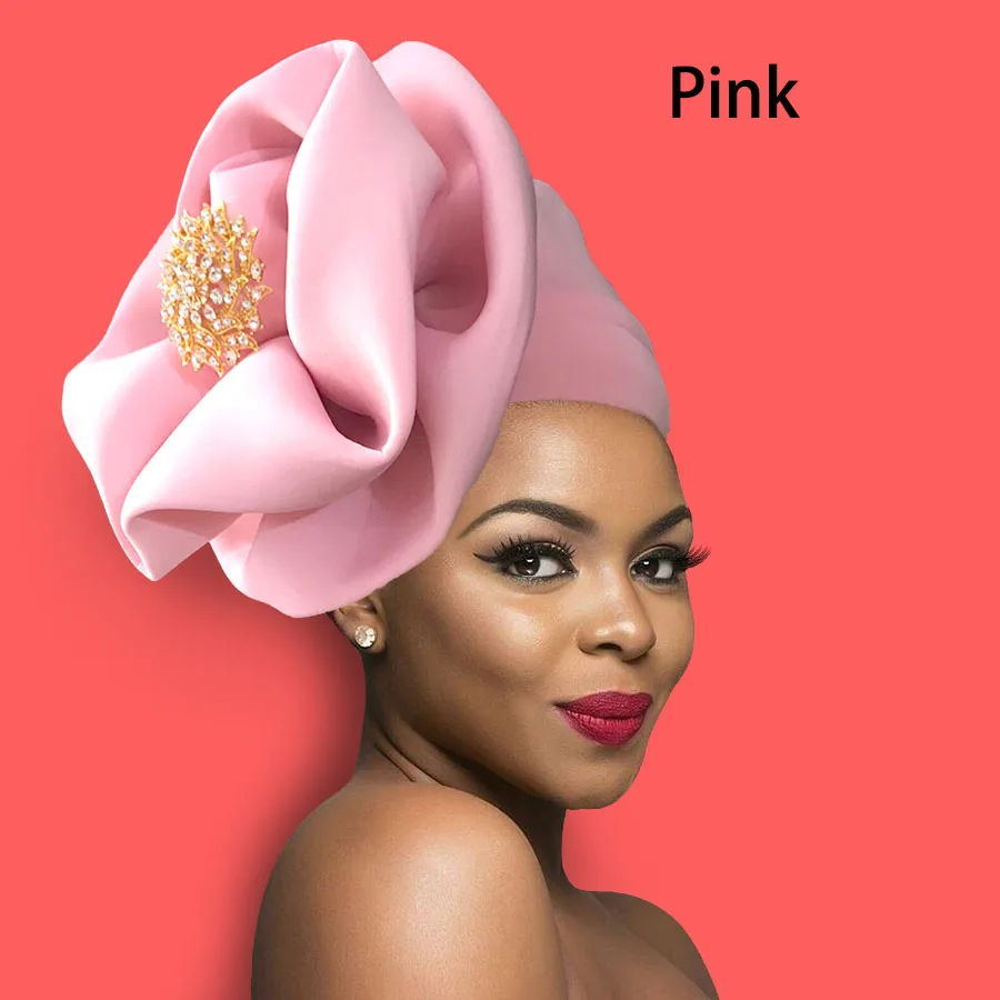Твердый Африканский тюрбан большой цветочный дизайн головной убор для модных женщин головной убор со значком - Цвет: pink