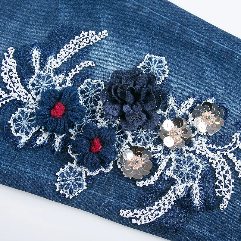 FERZIGE Women's Jeans High Waist Elasticity Slim Fit Push Embroidered Denim Jeans Appliques Flowers Flare Pants Female Trousers Jeans