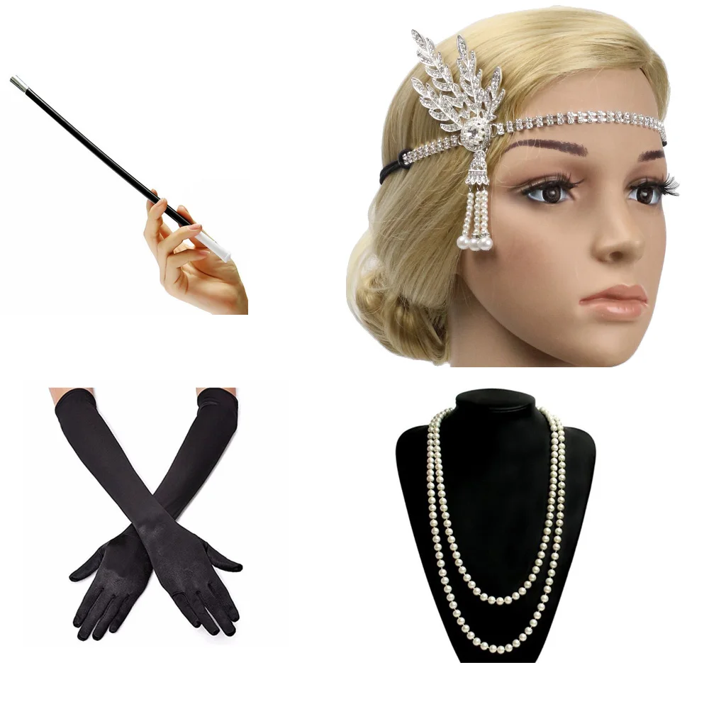 1920s Charleston вечерние украшения для девочек, стразы, повязка на голову, жемчужное ожерелье, браслет, держатель для сигарет, набор аксессуаров Great Gatsby - Цвет: B04