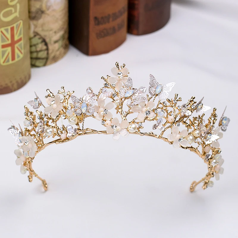 Новейшая модель; барокко Корона повязка на голову с изображением бабочки цветка диадемы свадебные аксессуары для волос, корона цветы головной убор с жемчужинами и повязка на голову