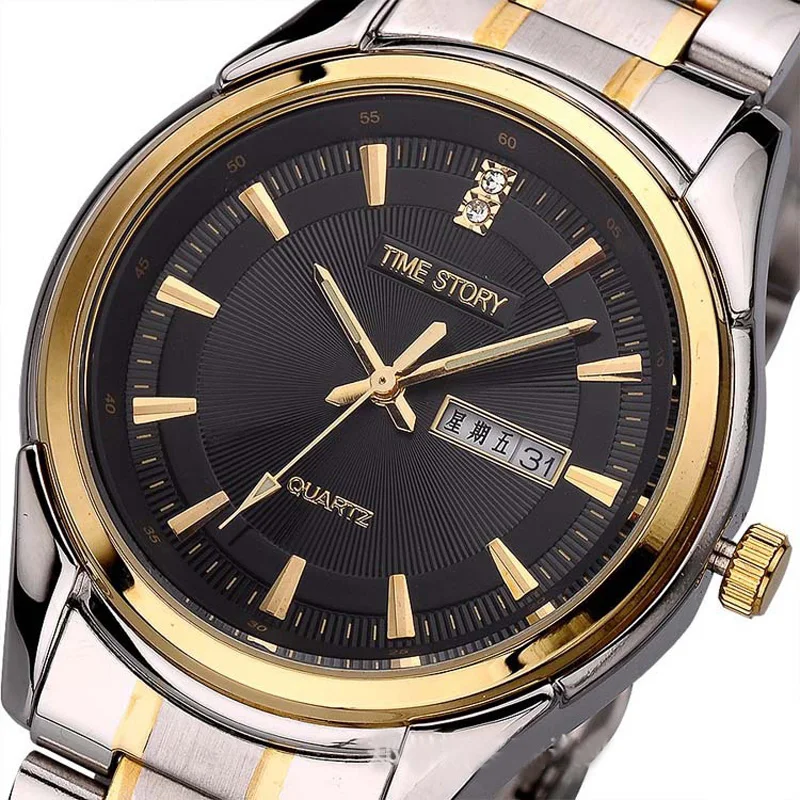 

Brand Time Story Luxury Men's Business Watch Japan Quartz Move Analog Watches Rhinestone Full Stainless Steel Male Wristwatch