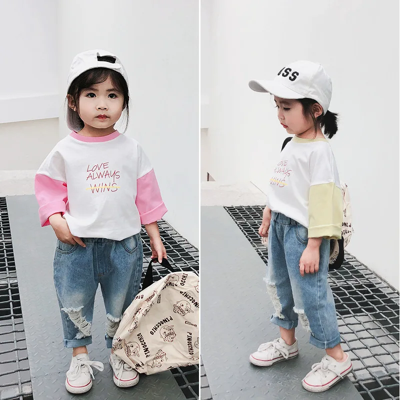 

2019 Spring New Arrival Korean style cotton matching colors all-match long sleeve t-shirt for cute fashion baby girls and boys