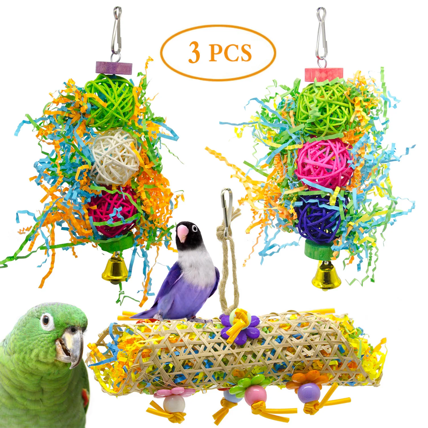 

3pcs parrot toy bird toy rattan ball bamboo net brushed grass bite toy paper silk grass bite toy