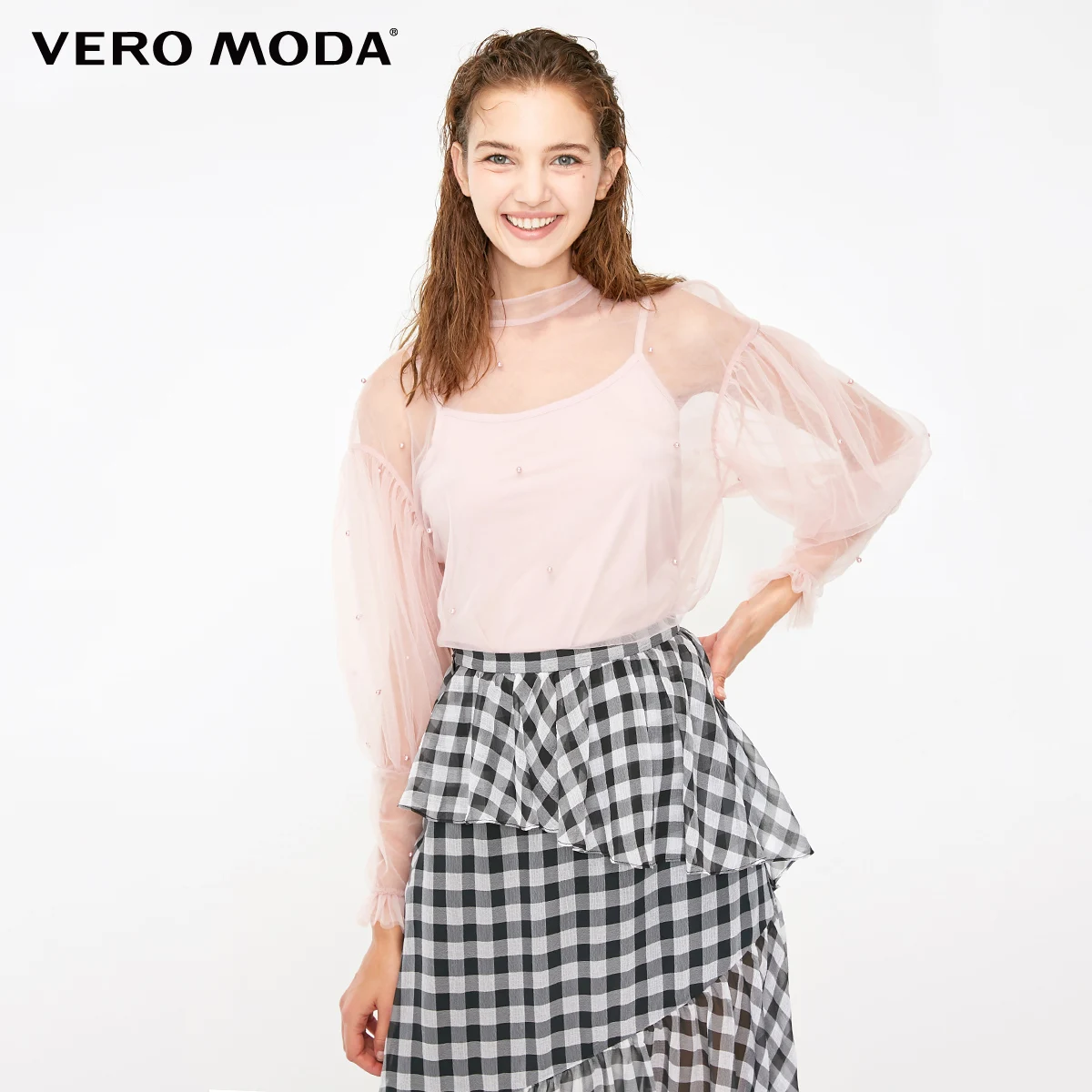 

Vero Moda Women's Fake Pearls Elasticized Cuffs Gauzy Real Two-piece Tops Set | 318302505