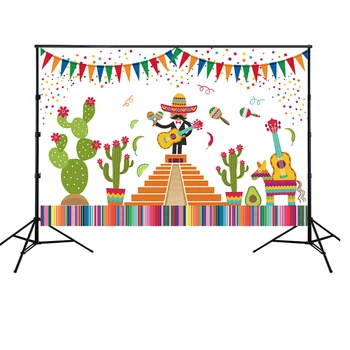 

HUAYI mexican fiesta vinyl backdrop children birthday party banner Cactus party stage dress-up photobooth Background prop W-1909