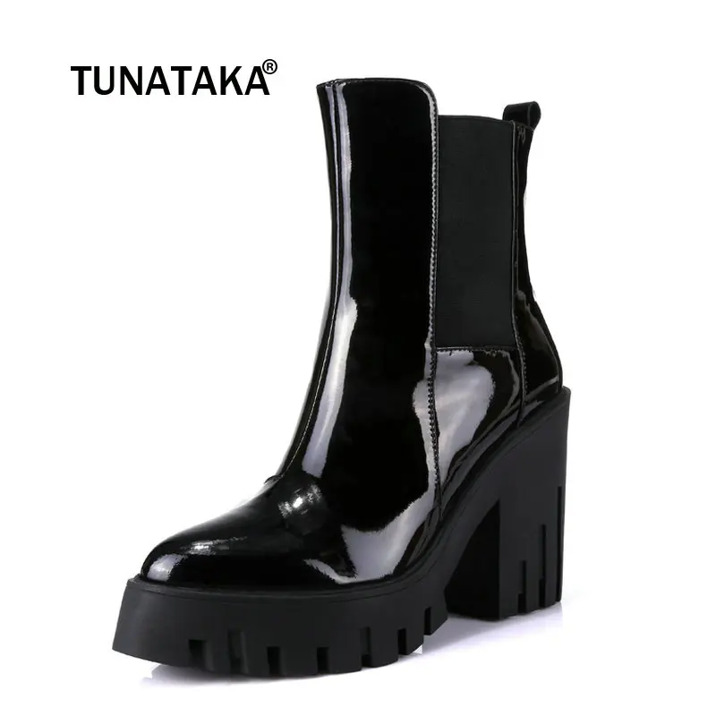 

Ladies Genuine Leather Thick Heel Chelsea Boots Fashion Rouns Toe Platform Winter Bootie Black