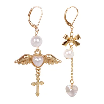 Factory Wholesale Japanese Angel Wings Heart Cross Crystal Earrings