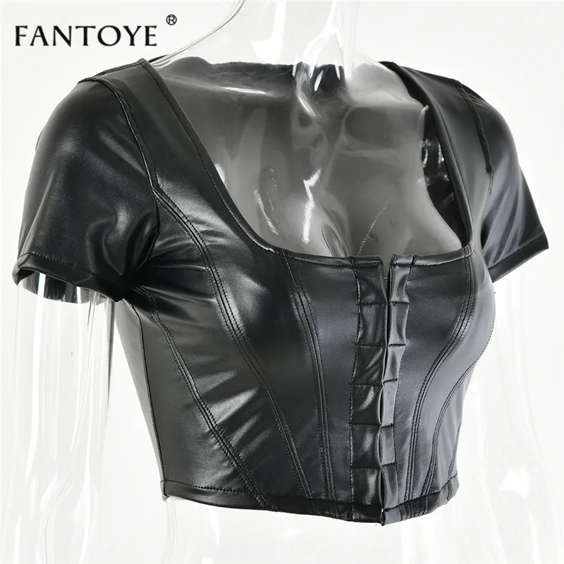 Fantoye PU Leather Bodycon Women Crop Top Sexy Black Summer Autumn Mini Tank Top Femme Sexy Party Haut Ladies Bustier Short Tops