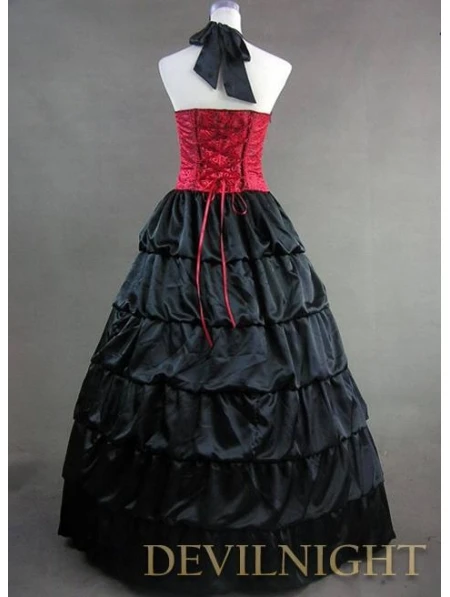 Элегантный Красного и черного цветов Холтер готический викторианской платье в викторианском стиле платье для маленьких Обувь для девочек