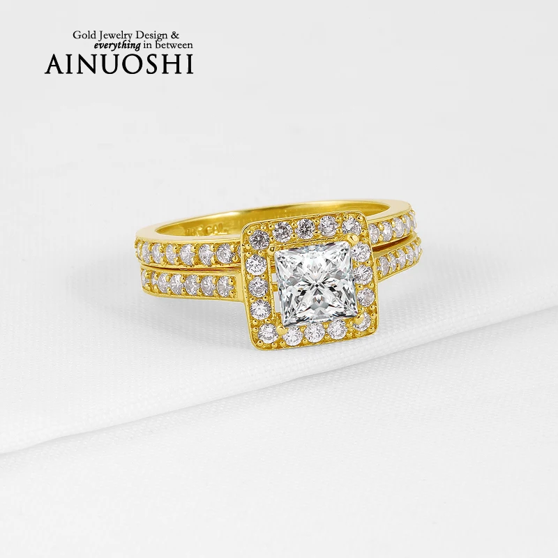 Halo Princess Cut Sona Simulated Diamond Ring Sets 10K Solid Yellow Gold Proposal Bands for Women Engagement Anniversary Wedding
