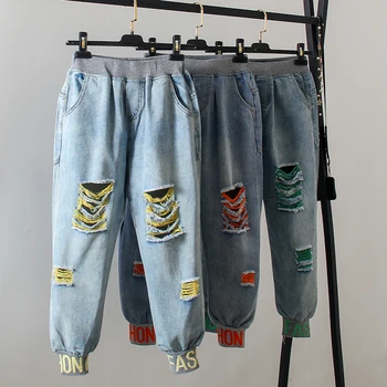 

2019 Plus Size Ladies Elastic Waist Harem Pants For Women Boyfriend Loose Jeans Denim Pants Casual Vintage Big hole Jeans Femme