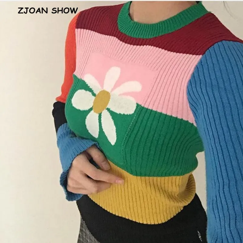 

2019 New Sexy Crew neck Daisy Flower Colored Striped Short Sweater Pullovers kleding jerseis mujer tight Knit Jumpers Knitwear