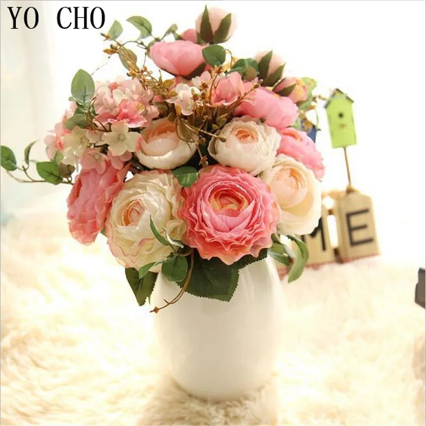 

YO CHO Artificial Peony Flowers Party Rose Silk Wedding Decoration Fake 7 Heads Eustoma Fleurs Para Hogar Christmas Plants Home