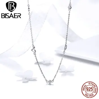 

BISAER Elegant Authentic 925 Sterling Silver Heart to Heart Chain Link Necklaces for Women Collar Sterling Silver Jewelry EFN047