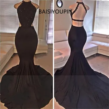 

Vestido Longo De Festa 2020 Sexy Black Halter Satin Mermaid Long Prom Dresses Cheap Backless Evening Dresses Formal Party Gowns
